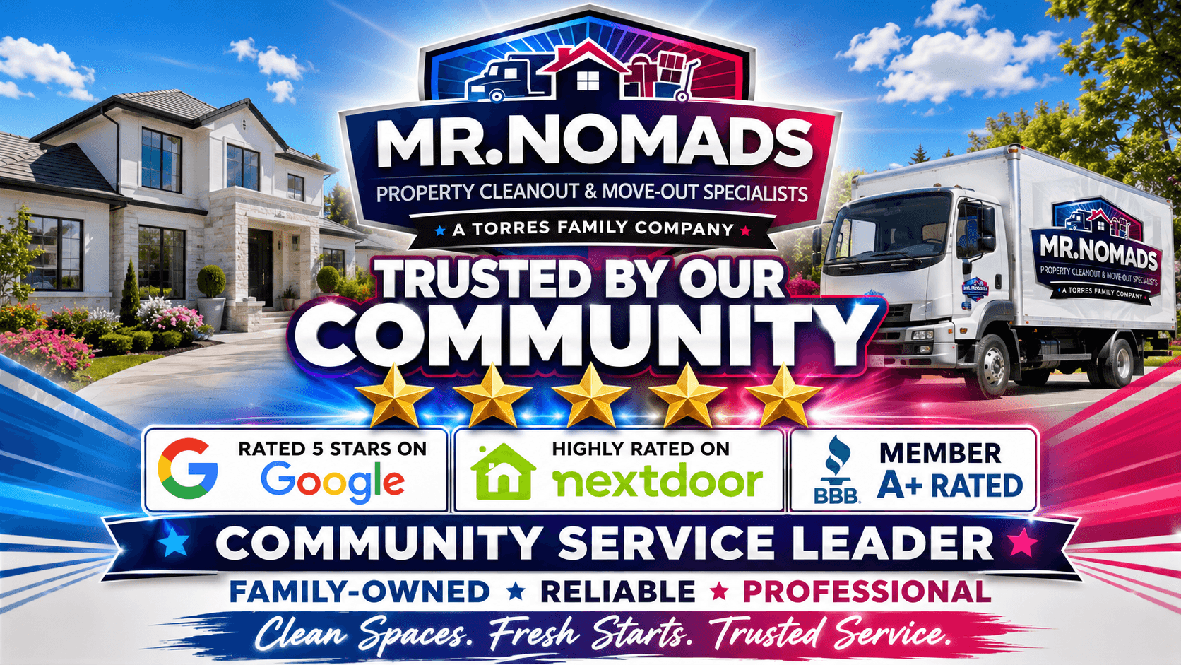MR. NOMADS property cleanout advertisement featuring a house, moving truck, and five-star ratings.