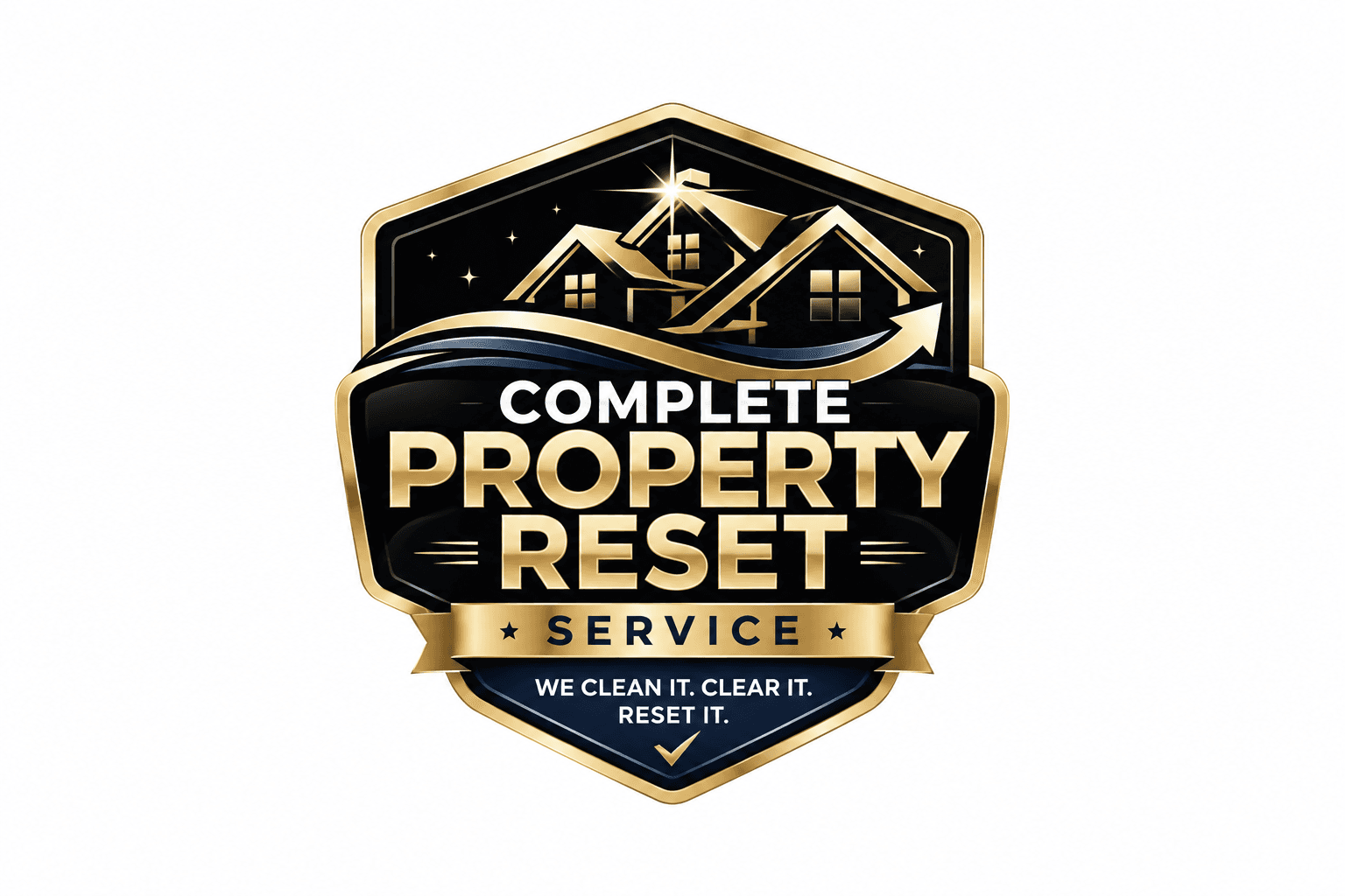 Gold and black shield logo for Complete Property Reset Service featuring stylized house silhouettes.