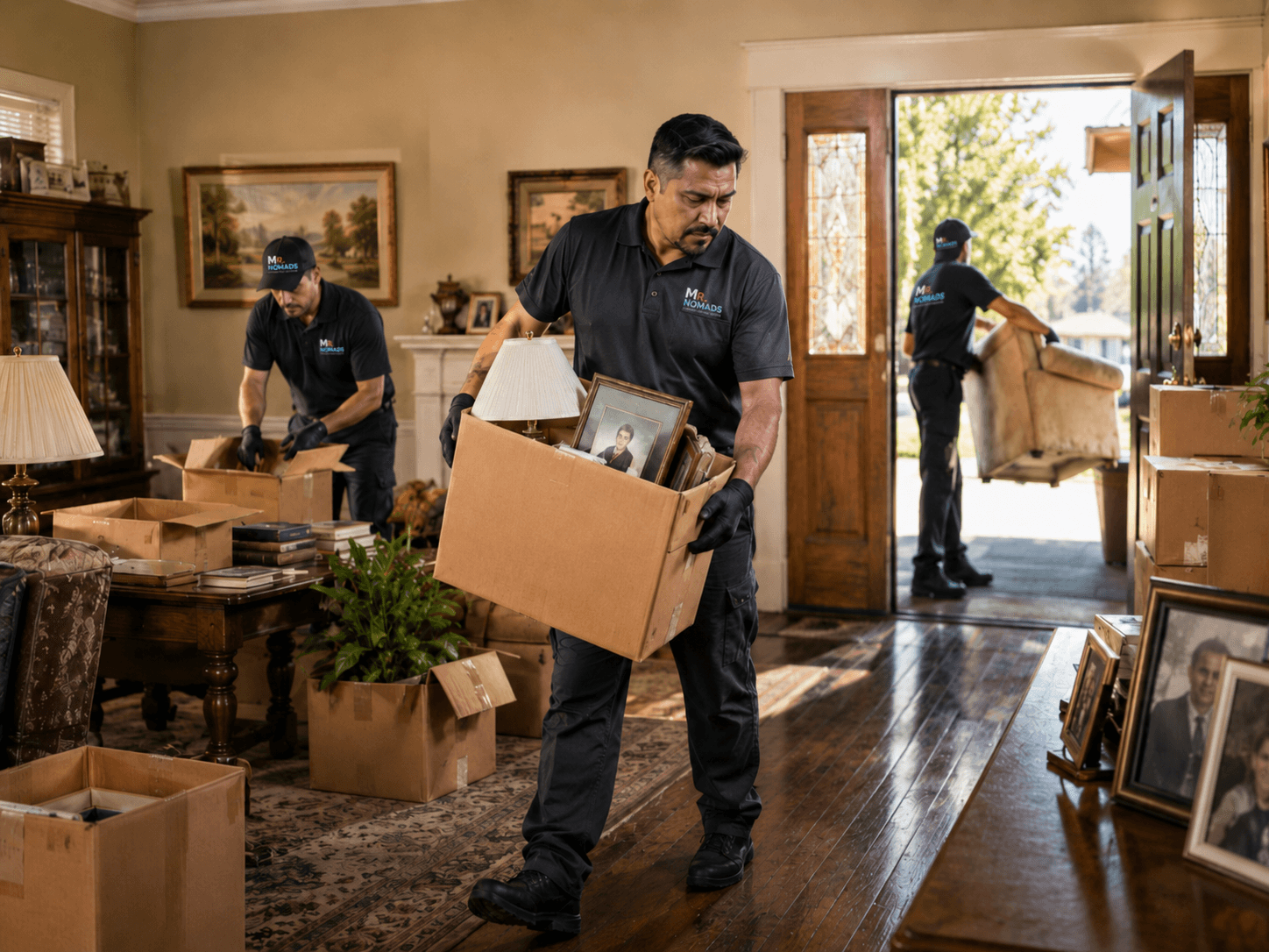 Professional Mr. Nomads movers carry boxes and furniture out of a residential living room.