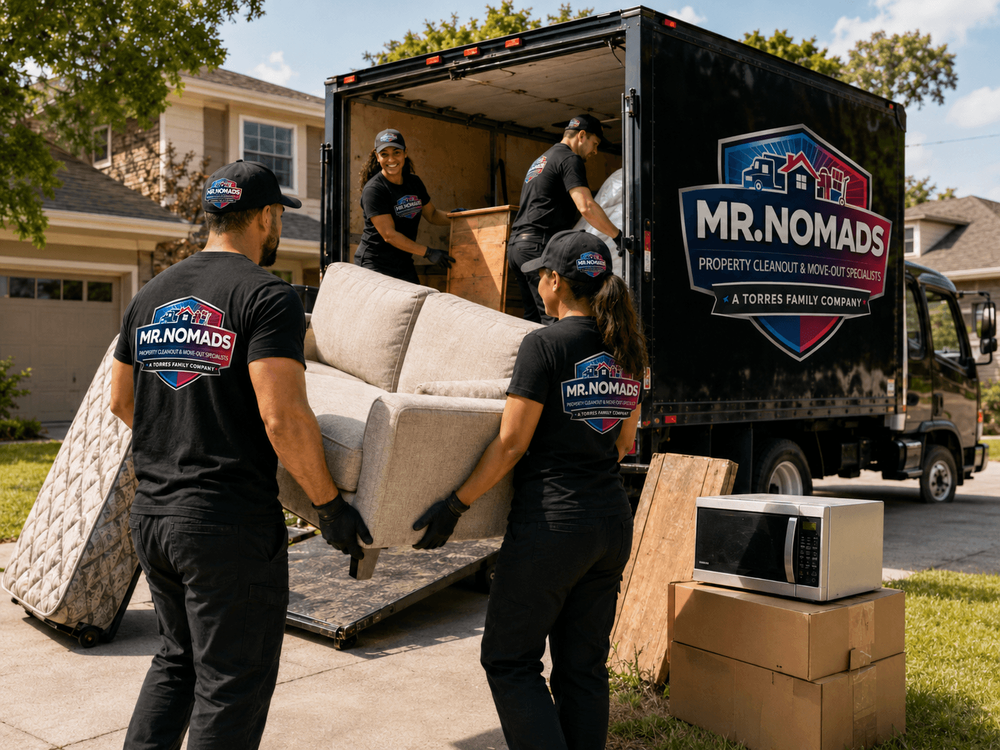 Movers loading a sofa into a MR. NOMADS truck in a residential driveway.