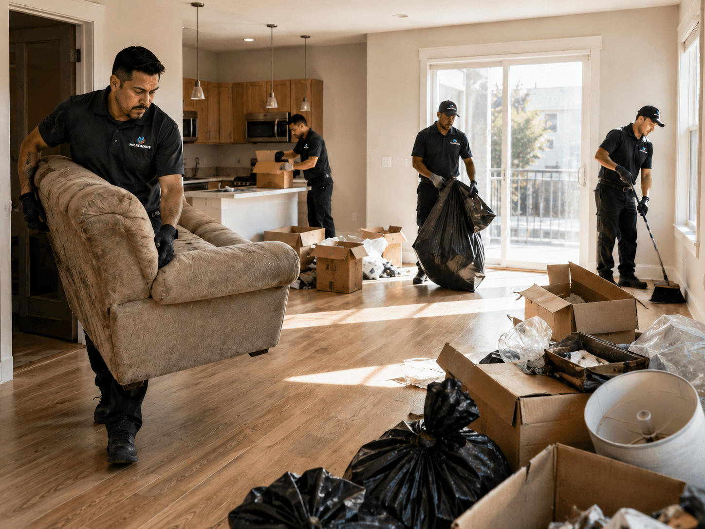 Movers in black uniforms clearing a house, carrying an armchair, boxes, and trash bags.