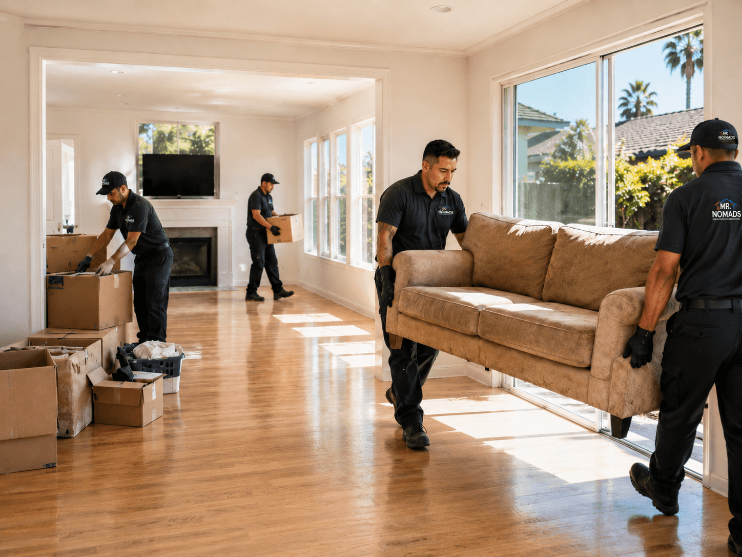 Movers in black uniforms carry a tan sofa and boxes in a bright living room.