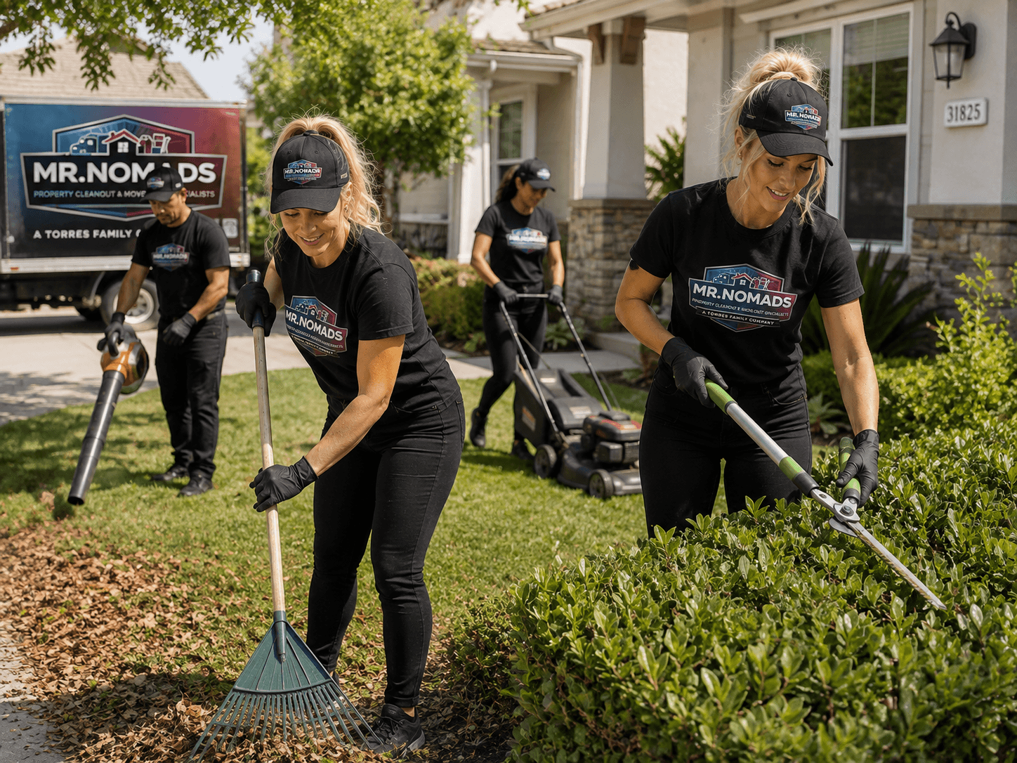 Mr. Nomads landscaping crew raking, mowing, and trimming bushes in a residential front yard.