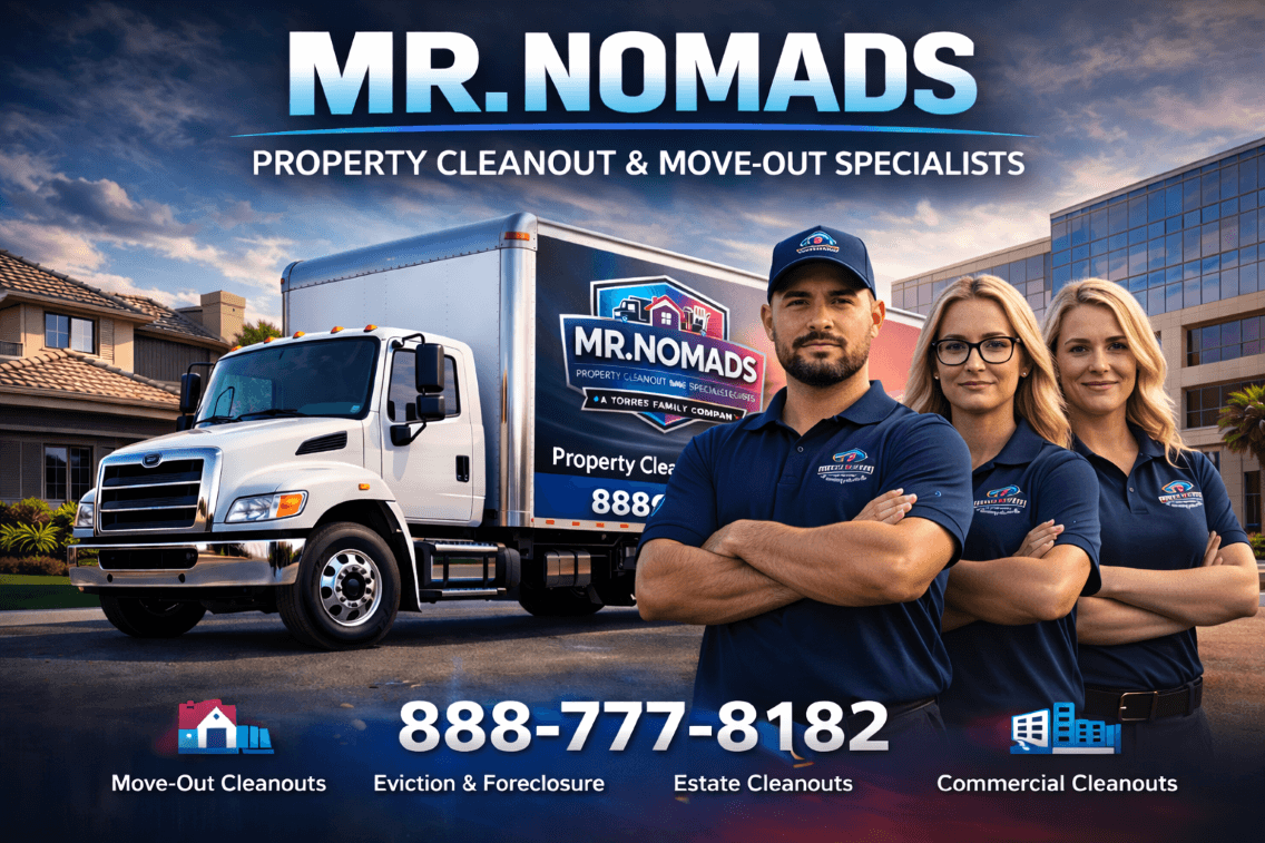 Mr. Nomads property cleanout specialists advertisement featuring professional staff, branded truck, and contact details.